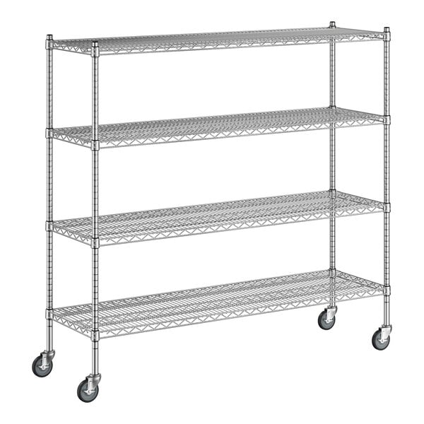 A Regency chrome wire shelving unit with wheels.