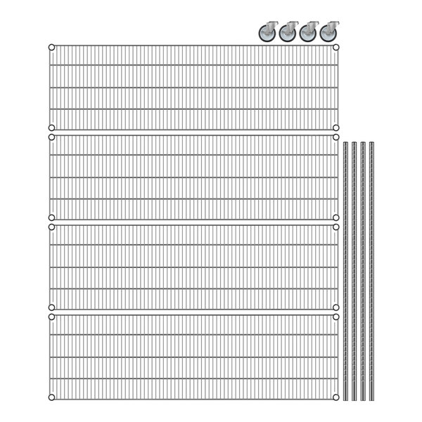 A diagram of a Regency chrome wire shelving unit with wheels and shelves.