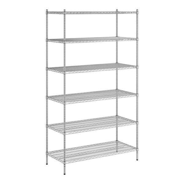 A Regency chrome stationary wire shelving unit with six shelves.