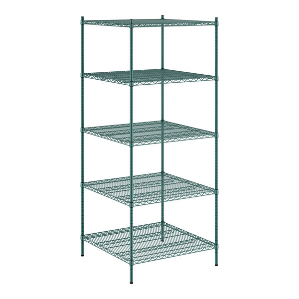 A green Regency wire shelving unit with five shelves.