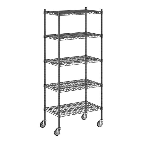 A Regency black wire shelving unit with wheels.