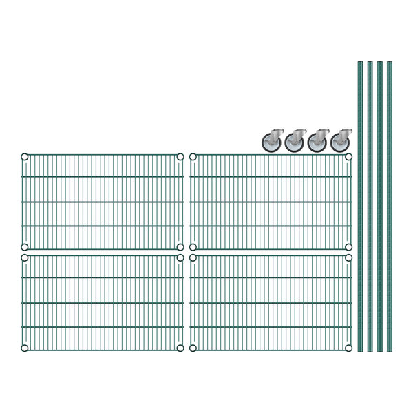 A white grid with green wire shelves.