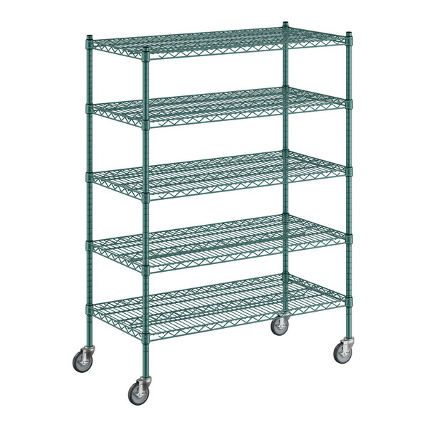 A green metal wire shelving unit with five shelves.