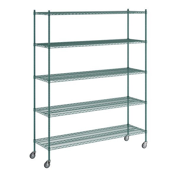 A green metal Regency wire shelving unit with wheels.