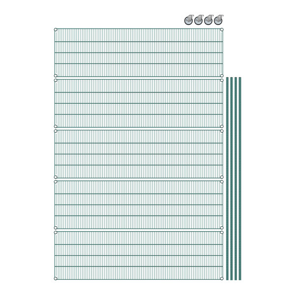 Regency green wire shelving with metal grid shelves.