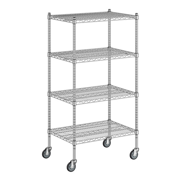 A Regency chrome wire shelving rack with wheels.