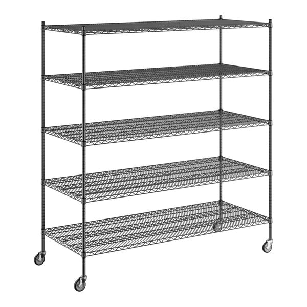 A Regency black wire shelving unit with four shelves.