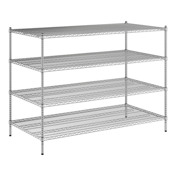 A white wire shelving unit with three shelves.