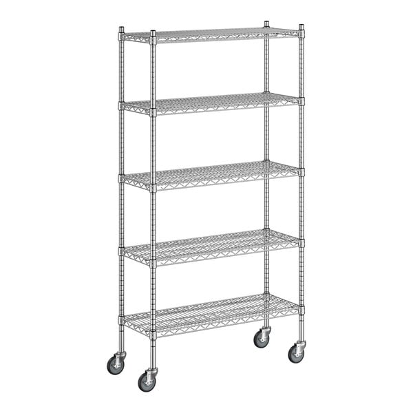 A white wireframe of a Regency chrome mobile shelving unit with 5 shelves.