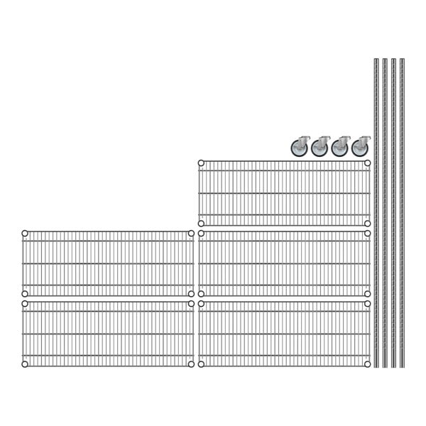 A Regency chrome mobile wire shelving starter kit with 5 shelves on wheels.