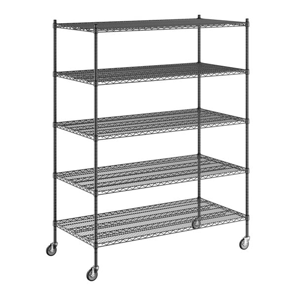 A Regency black wire shelving unit with wheels and five shelves.