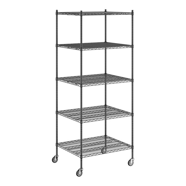 A Regency black wire shelving starter kit with 5 shelves on wheels.