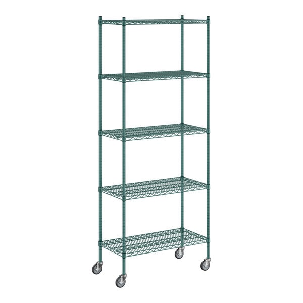 A Regency green wire shelving unit with wheels.