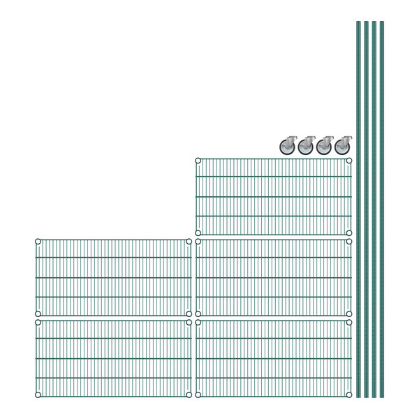 A close-up of green wire grid shelves.