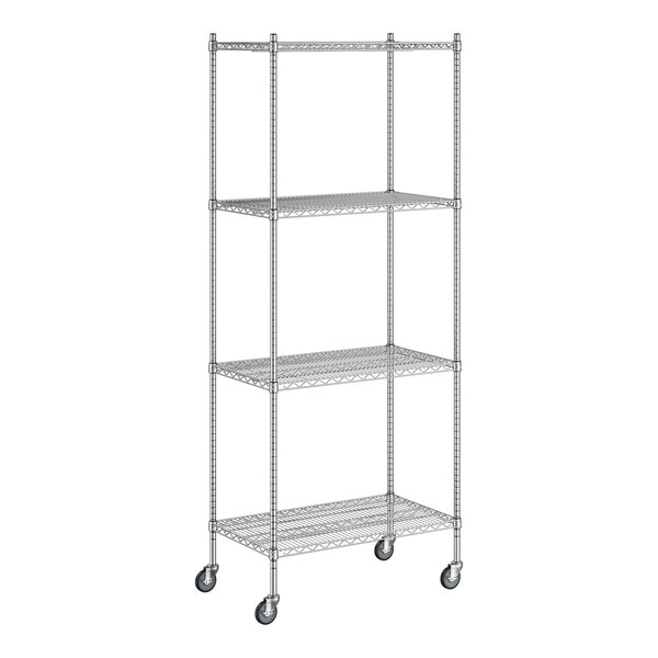 A Regency chrome wire shelving unit with wheels.