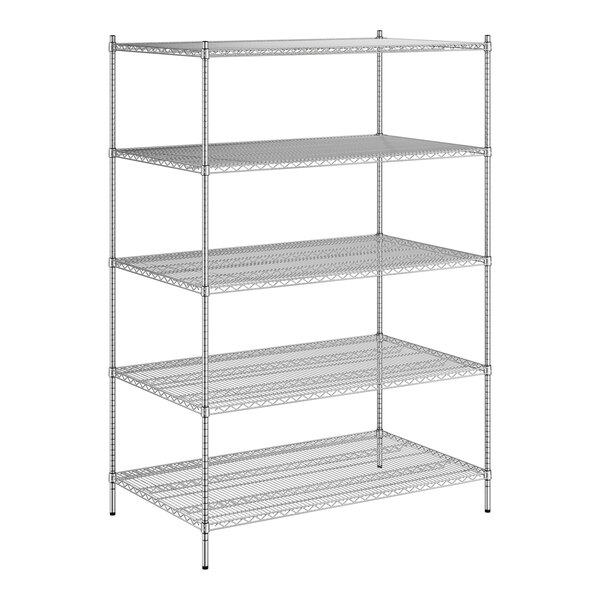 A Regency chrome stationary wire shelving unit with four shelves.