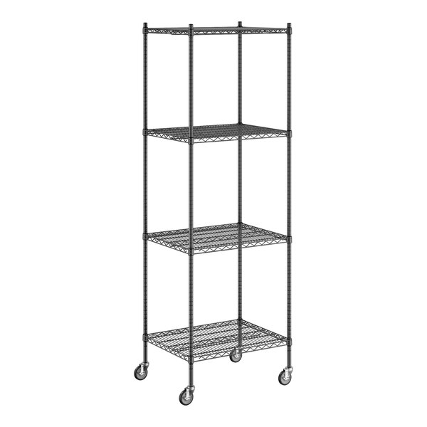 A Regency black wire shelving starter kit with wheels.