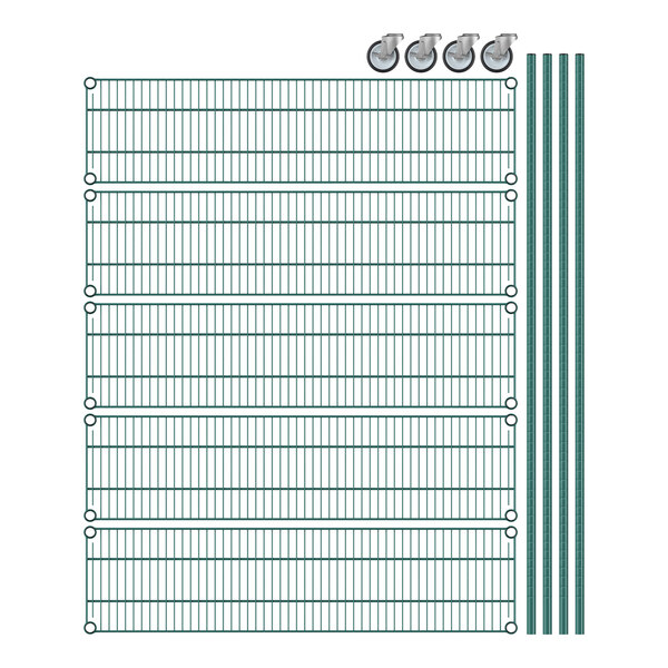 A Regency green wire shelving unit with wheels and metal rods.