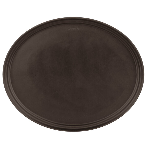 A black oval non-skid serving tray with a dark brown rim.
