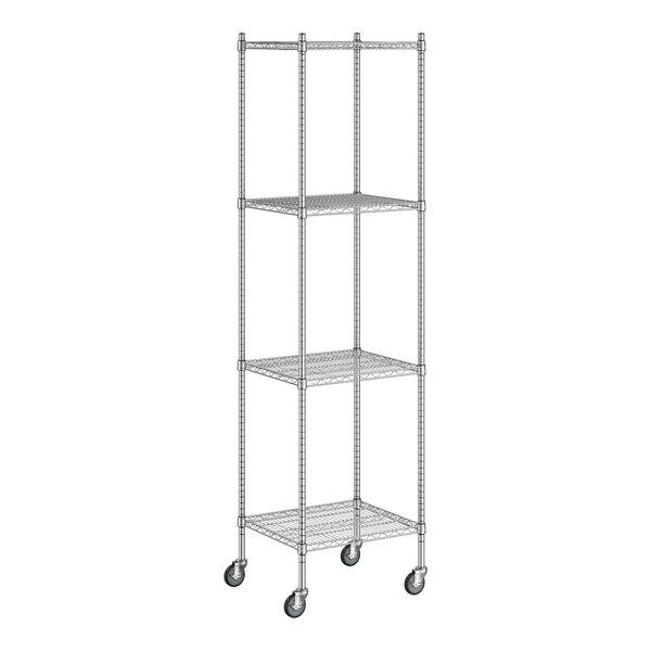 A Regency chrome wire shelving unit with wheels.