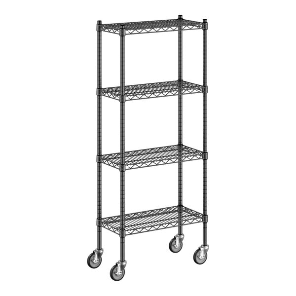 A Regency black wire shelving unit with wheels, including 4 shelves.