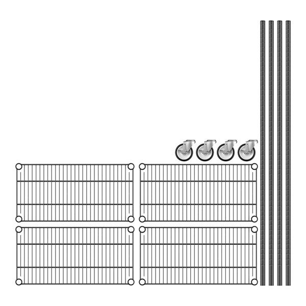 A Regency black wire shelving unit with wheels and 4 shelves.