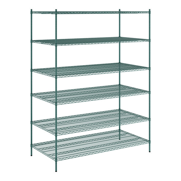 A green metal Regency wire shelving unit with six shelves.