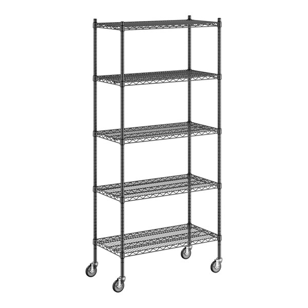 A Regency black wire shelving unit with wheels.