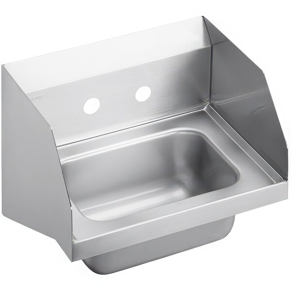 A Zurn Elkay stainless steel wall mounted hand sink with two faucet holes.