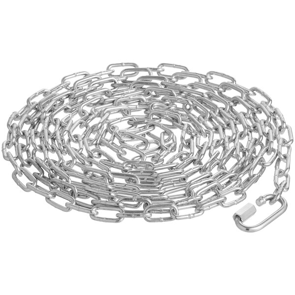 A close-up of a silver Cortina jack chain with a hook.