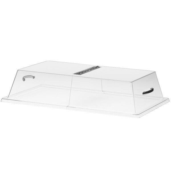 A clear plastic rectangular tray cover with a metal center hinge.