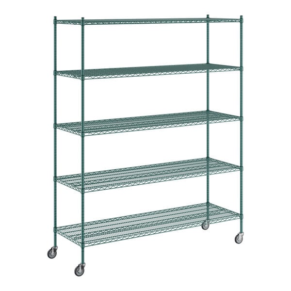 A Regency green wire shelving unit with wheels.