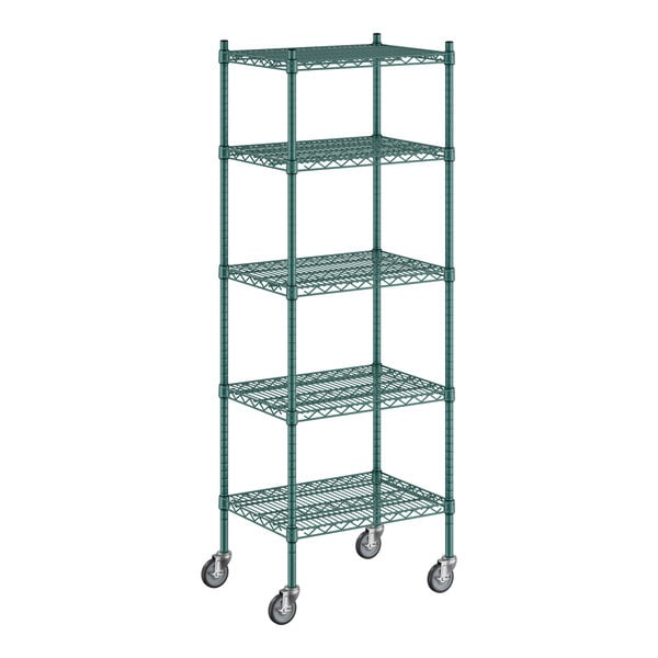 A green metal Regency wire shelving unit with wheels.