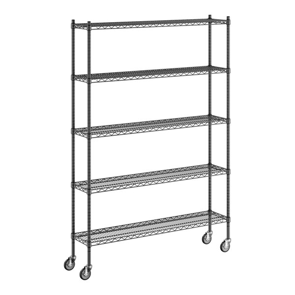 A Regency black wire shelving starter kit with wheels.