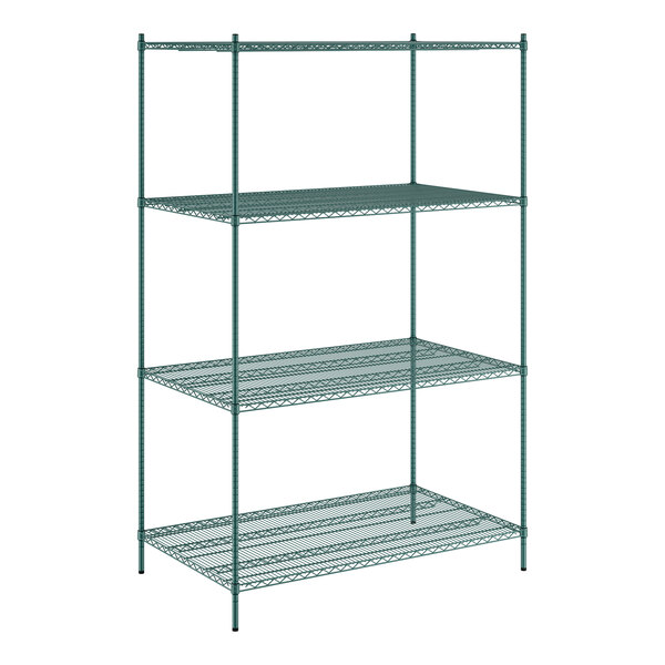 A green metal Regency wire shelving unit with four shelves.