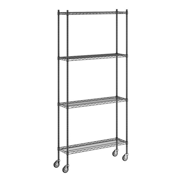 A Regency black wire shelving unit with wheels.