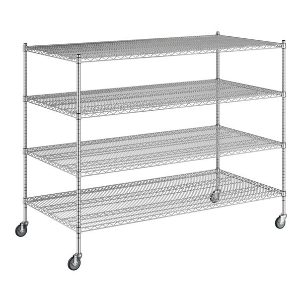 A Regency chrome mobile wire shelving starter kit with 4 shelves and wheels.