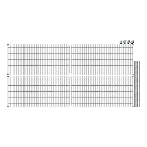 A white grid pattern of metal shelves with screws.