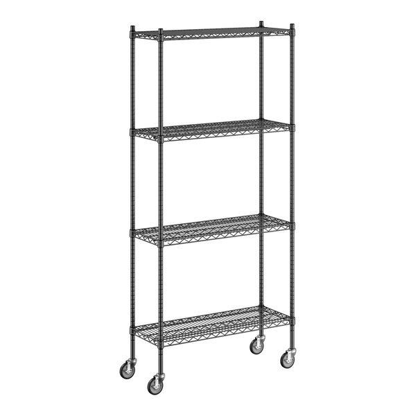 A Regency black wire shelving unit with wheels.