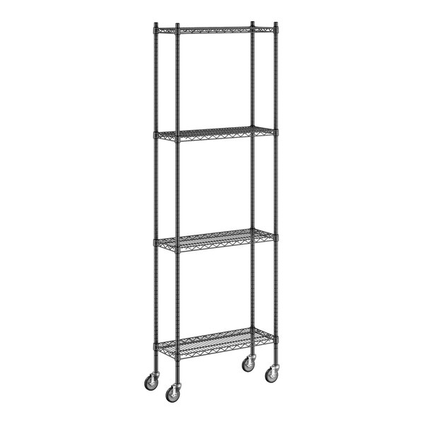 A Regency black wire shelving starter kit with wheels.