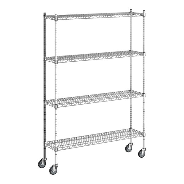 A Regency stainless steel wire shelving unit on wheels.