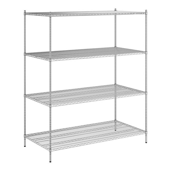 A wireframe of a Regency chrome stationary wire shelving unit with 4 shelves.