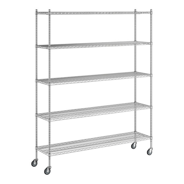 A Regency chrome wire shelving starter kit with wheels.