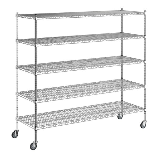 A Regency stainless steel wire shelving unit with wheels and five shelves.