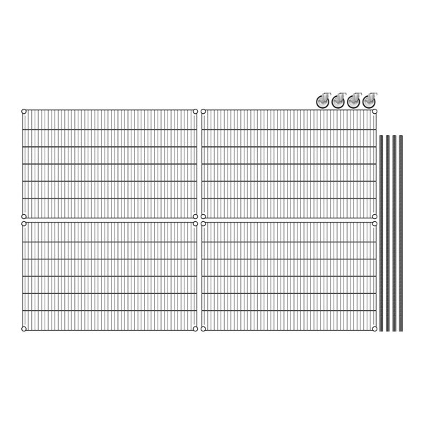 A drawing of a Regency black wire shelving kit with four metal shelves.