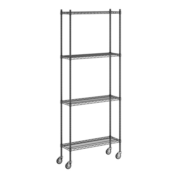 A Regency black wire shelving unit with wheels.