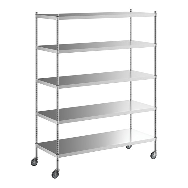 A Regency stainless steel mobile shelving unit with wheels.