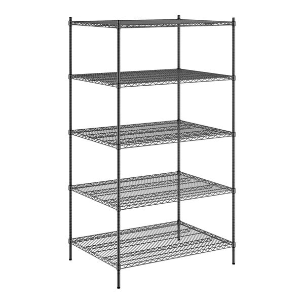 A Regency black wire shelving unit with five shelves.