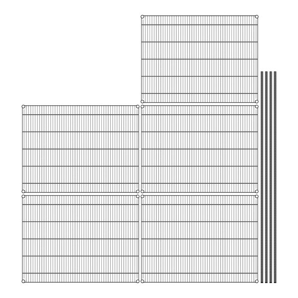 A grid of black wire mesh shelves with 5 rows.