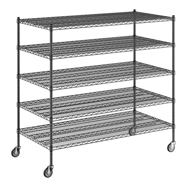 A Regency black wire shelving starter kit with 5 shelves and wheels.